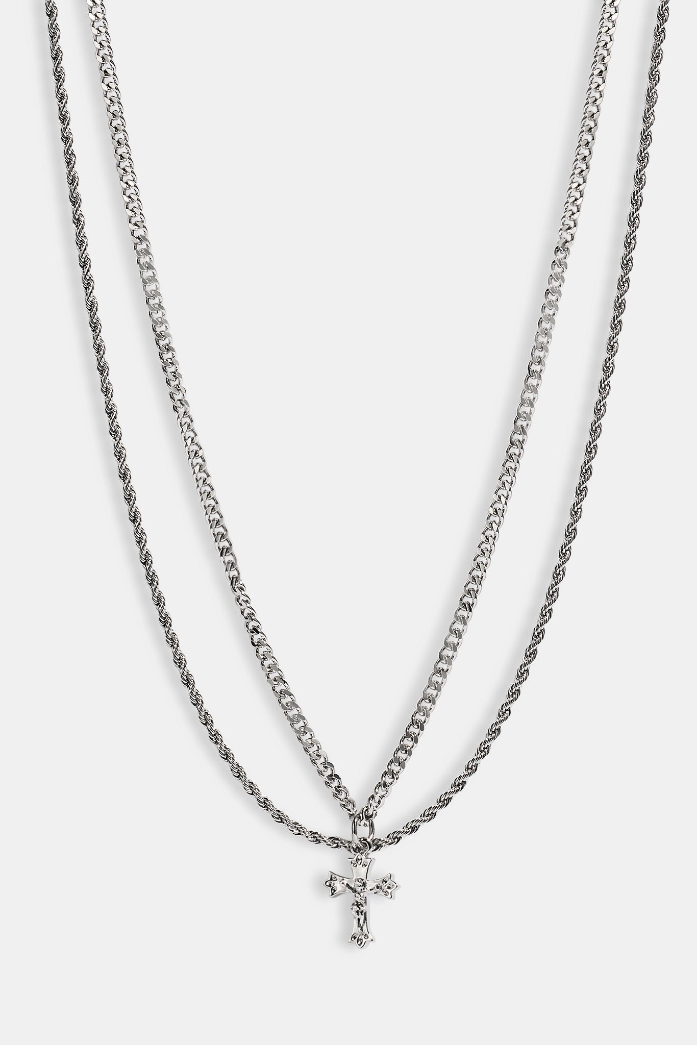 Double Layer Cuban & Rope Crucifix Necklace - 15mm - White